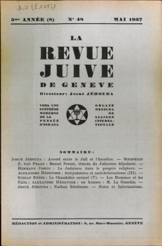 La Revue Juive de Genève. Vol. 5 n° 8 fasc. 48 (mai 1937)